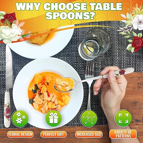 Miniatura 13 de Juego de 6 cucharas de café – Cucharas pequeñas de 6.1 pulgadas con diseño floral impreso, asas de cerámica, acero inoxidable duradero para un uso