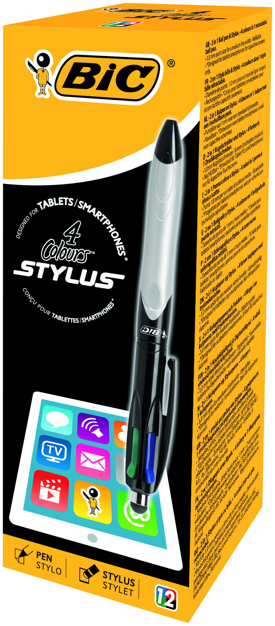 BIC 4 Colores Stylus bolígrafos Punta Media (1,0 mm) - Grip Gris, Caja de 12 Unidades