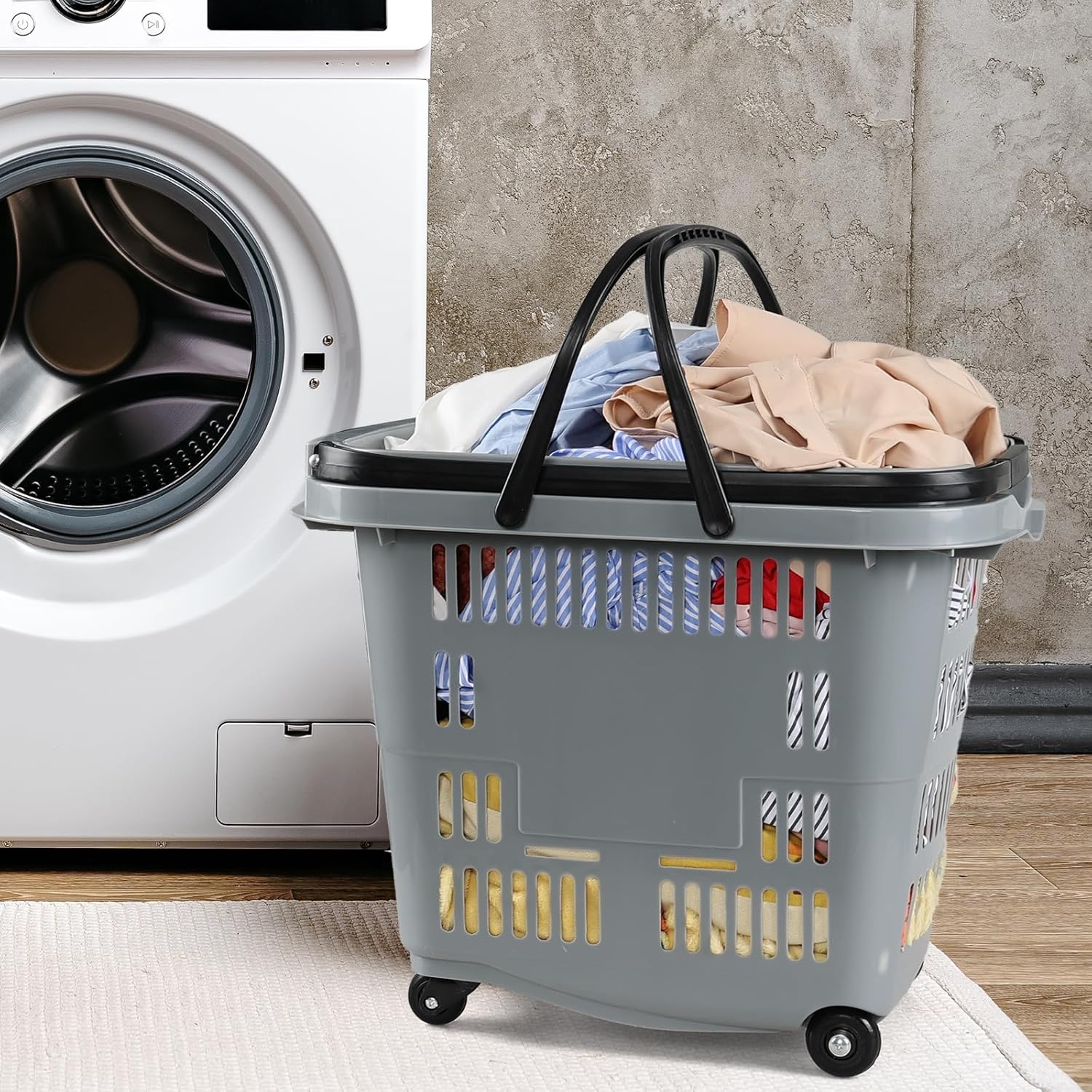 Kiddream 4 Pack Plastic Rolling Shopping Basket with Wheels, Large Portable Grocery Basket, Grey