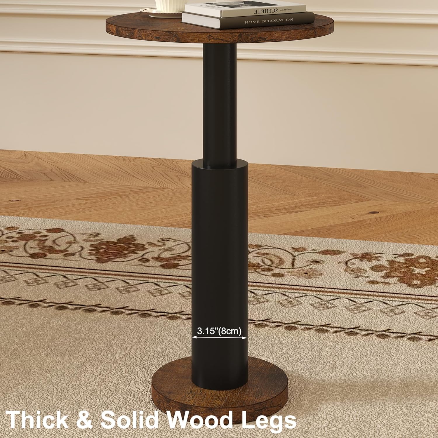 LAATOOREE Small Round Side Tables Set of 2, Drink Tables, Accent Coffee Tables, Pedestal End Tables with Thick Solid Wood Legs for Living Room,Sofa Couch,Small Spaces,Bedroom (Rustic Brown+ Black)