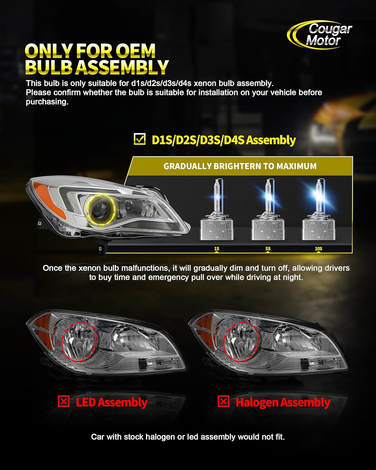 Cougar Motor D1S Fog Bulb 6000K with Metal Stents Base, Plug and Play, Pack of 2