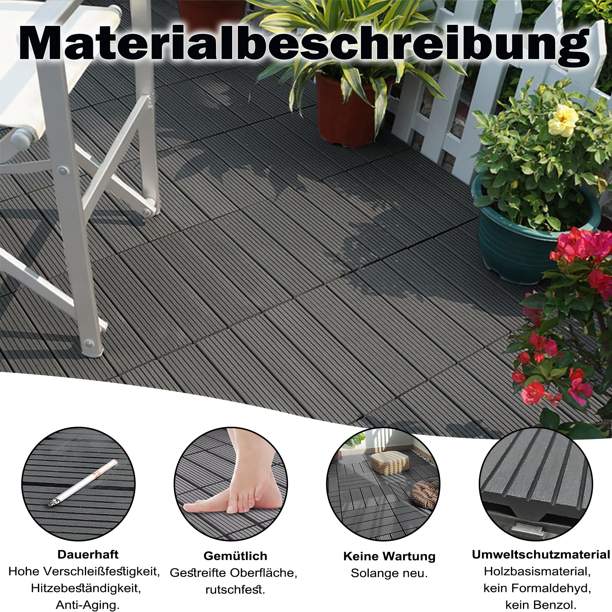 WPC - Piastrelle da pavimento, piastrelle da giardino, 60 x 30 cm, 12 pezzi/2 m², effetto legno, per balconi, terrazze, resistenti alle intemperie, con funzione drenaggio, colore antracite