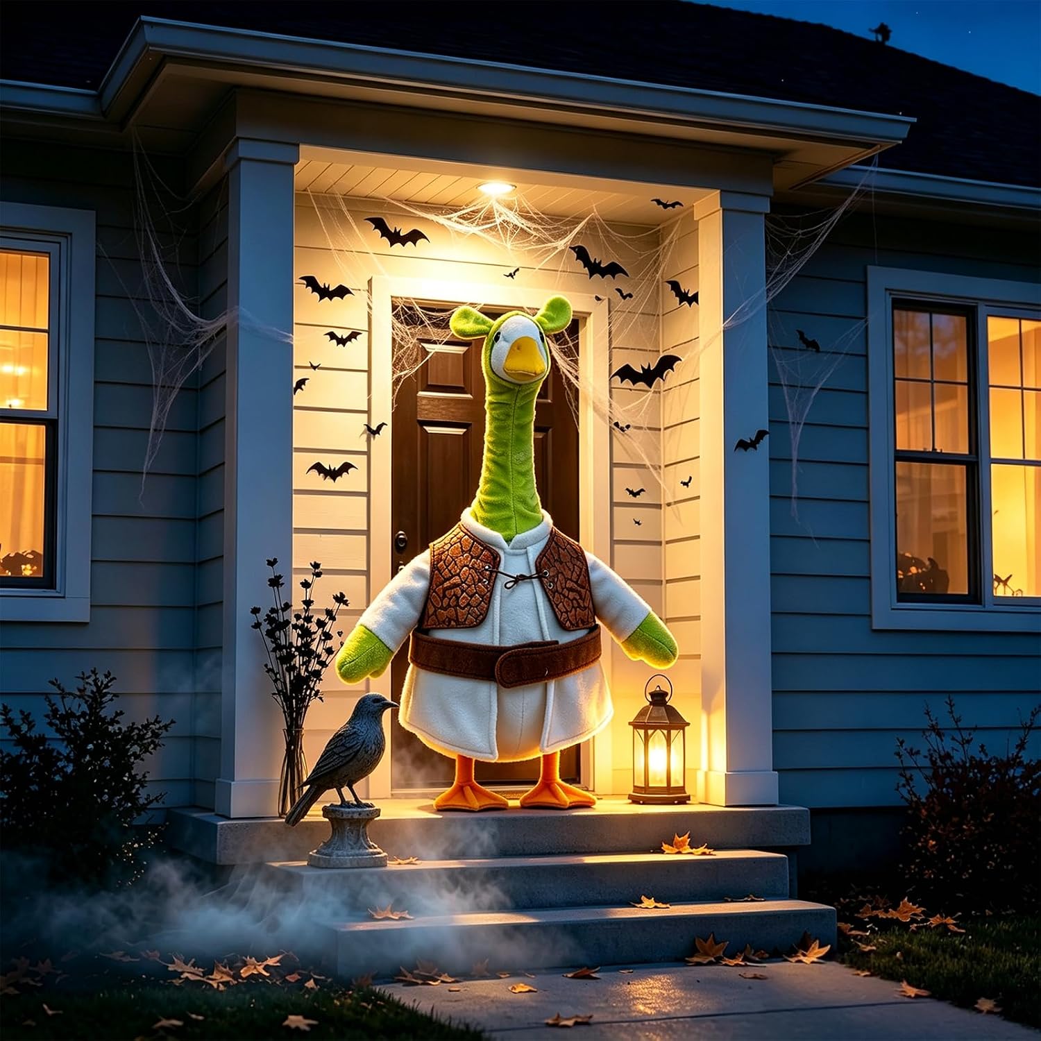 Halloween Porch Goose Outfit with Green Ears Headpiece, White Shirt, Brown Vest and Wide Belt for 23 inch Lawn Goose Statue, Fall Outdoor Halloween Decorations