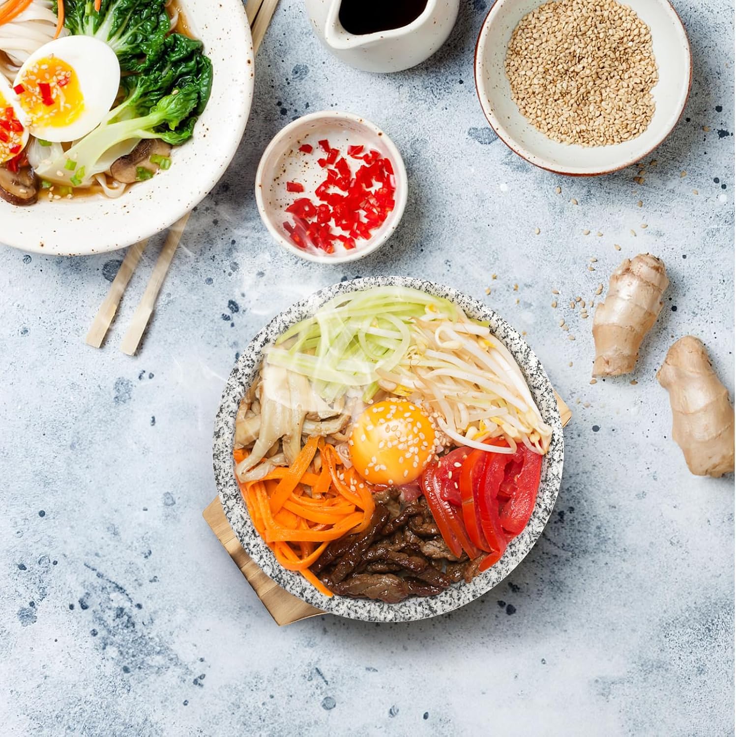 Dolsot Bibimbap Bowl with Wood Tray, 27 Oz Granite Stone Bowls