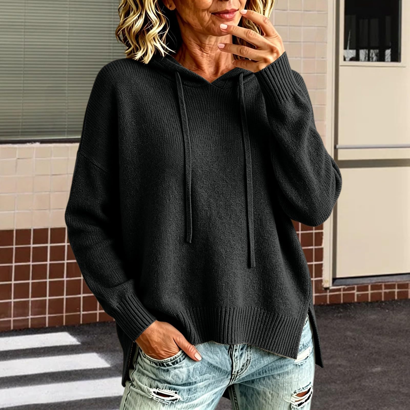 Sudadera de punto para mujer con capucha, elegante, básica, lisa