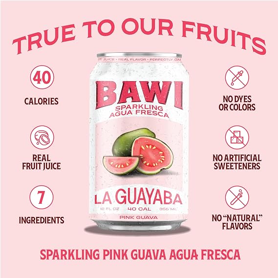 Bawi La Guayaba Sparkling Agua Fresca, Pink Guava with hints of Orange and Hibiscus, 12 Pack, 480 ml