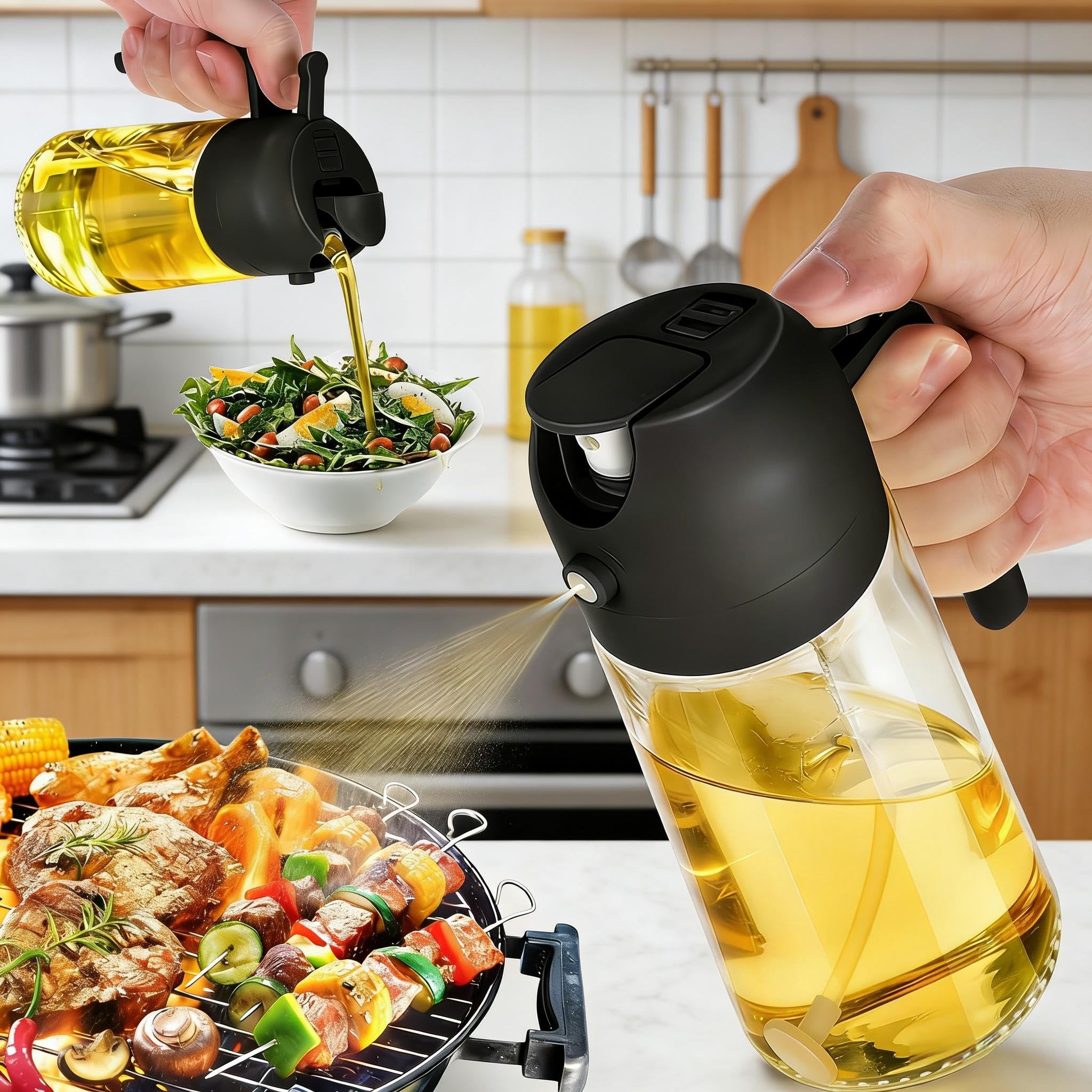 Glass Olive Oil Sprayer and Dispenser with Dual Spray Mode 2 in 1 470ml Black
