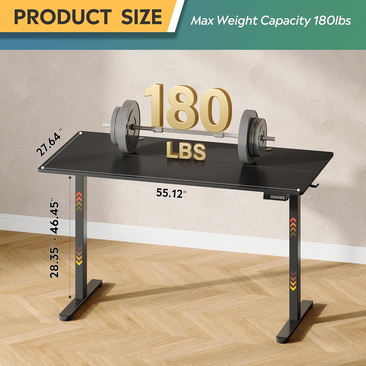 Image showing the DEVAISE standing desk with dimensions 55.12 inches wide and 27.64 inches deep, and a maximum weight capacity of 180 lbs.