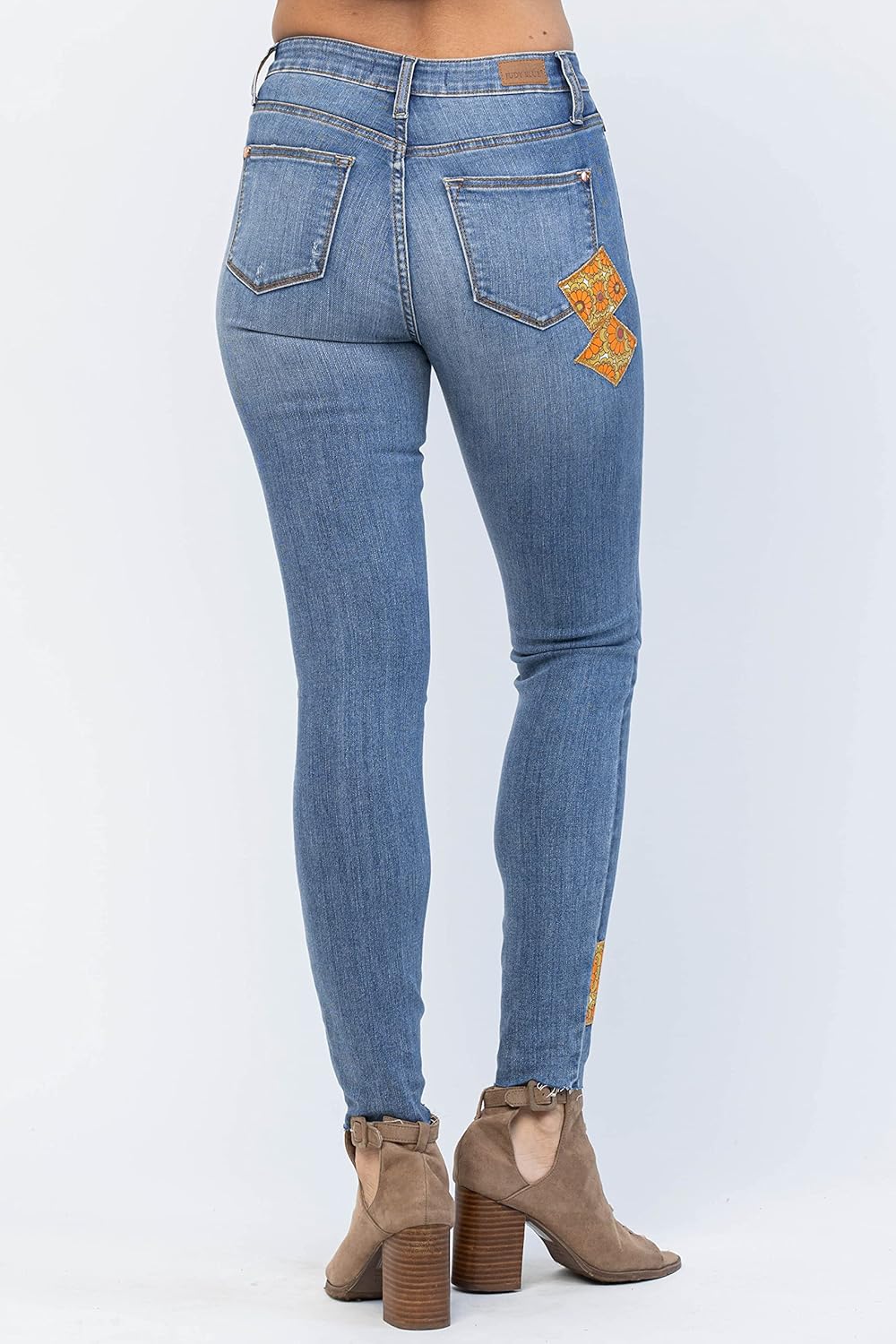 Judy Blue Mid Rise Skinny Jeans Boho Patch 70s Print Denim Stretch Fit Ladies Pants 88507