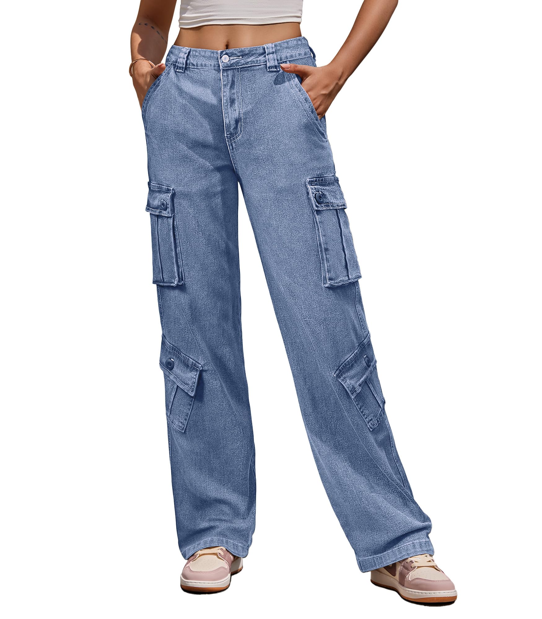 Fuakesor Cargohose Damen Baggy Y2K High Waist Stretch Wanderhose Sport Jogginghose mit Multi Taschen(Denim Blau,L)