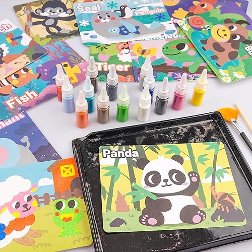 Miniatura 3 de Kits de arte de arena para niños, 29 piezas de pintura de arena de colores, juguetes de manualidades y manualidades, 12 hojas de arte de arena de