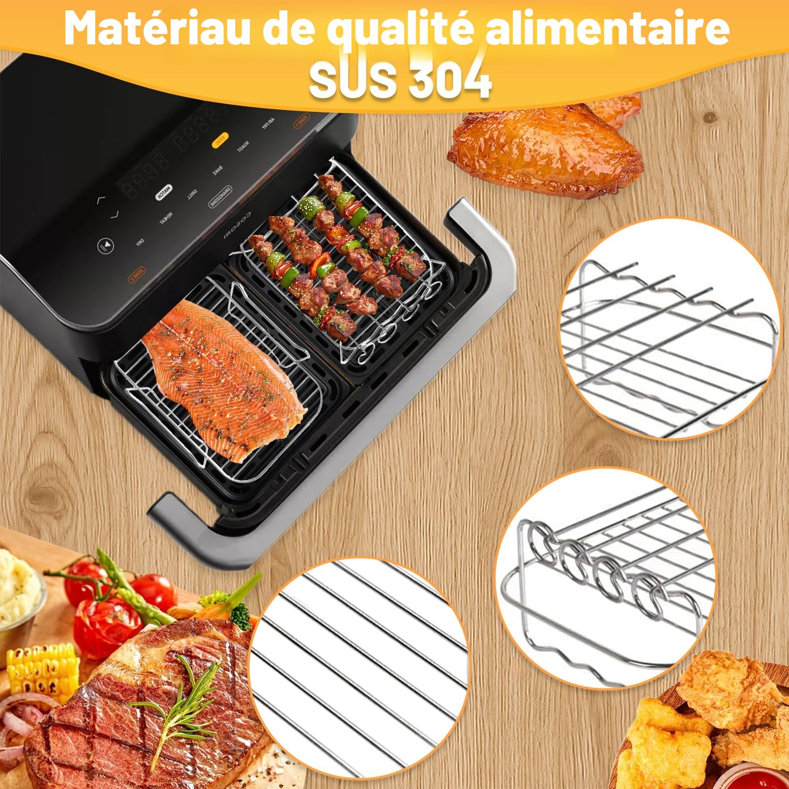 Moule Silicone Air Fryer Accessoires pour Ninja Air Fryer 10.4L AF500EU/COSORI 10L/COSORI Dual Zone 10L Twinfry Airfryer, Réutilisable Silicone Réutilisable Plat, Grille Racks, Grille de Grille