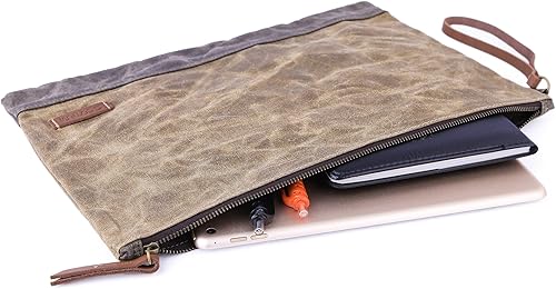 Miniatura 7 de Gootium Bolsa de lápices de lona encerada con cremallera, bolsa de maquillaje con cremallera, carpeta de archivos multiusos, tamaño 13 x 9.4