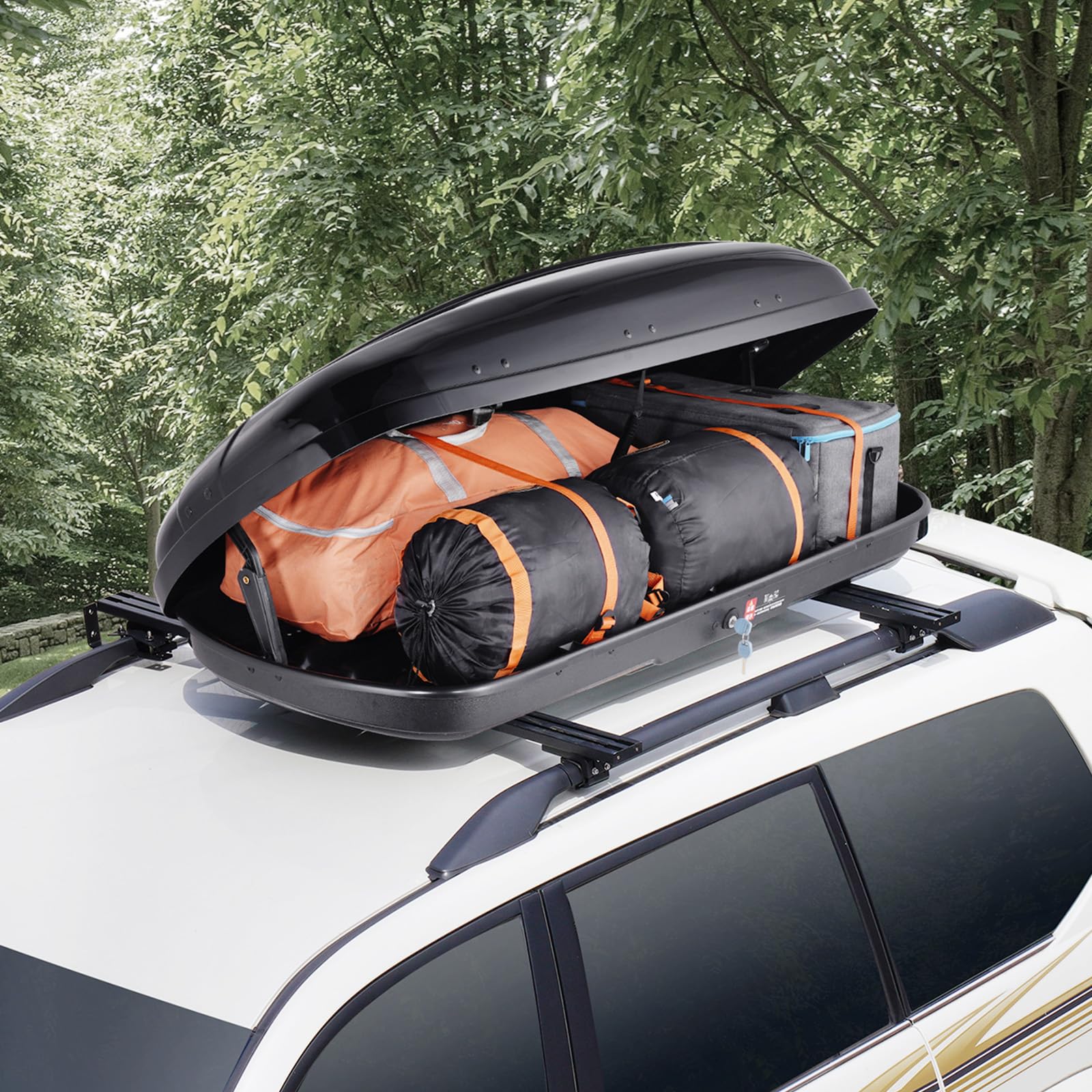 VEVOR Auto Dachbox Dachkoffer Aufbewahrungsbox 220 L, ABS-Hartschalen Dachgepäckträger Aufbewahrungsbox mit beidseitiger Öffnung und 2 verstärkten Gurten, Gepäckaufbewahrungsbox für SUVs Schwarz