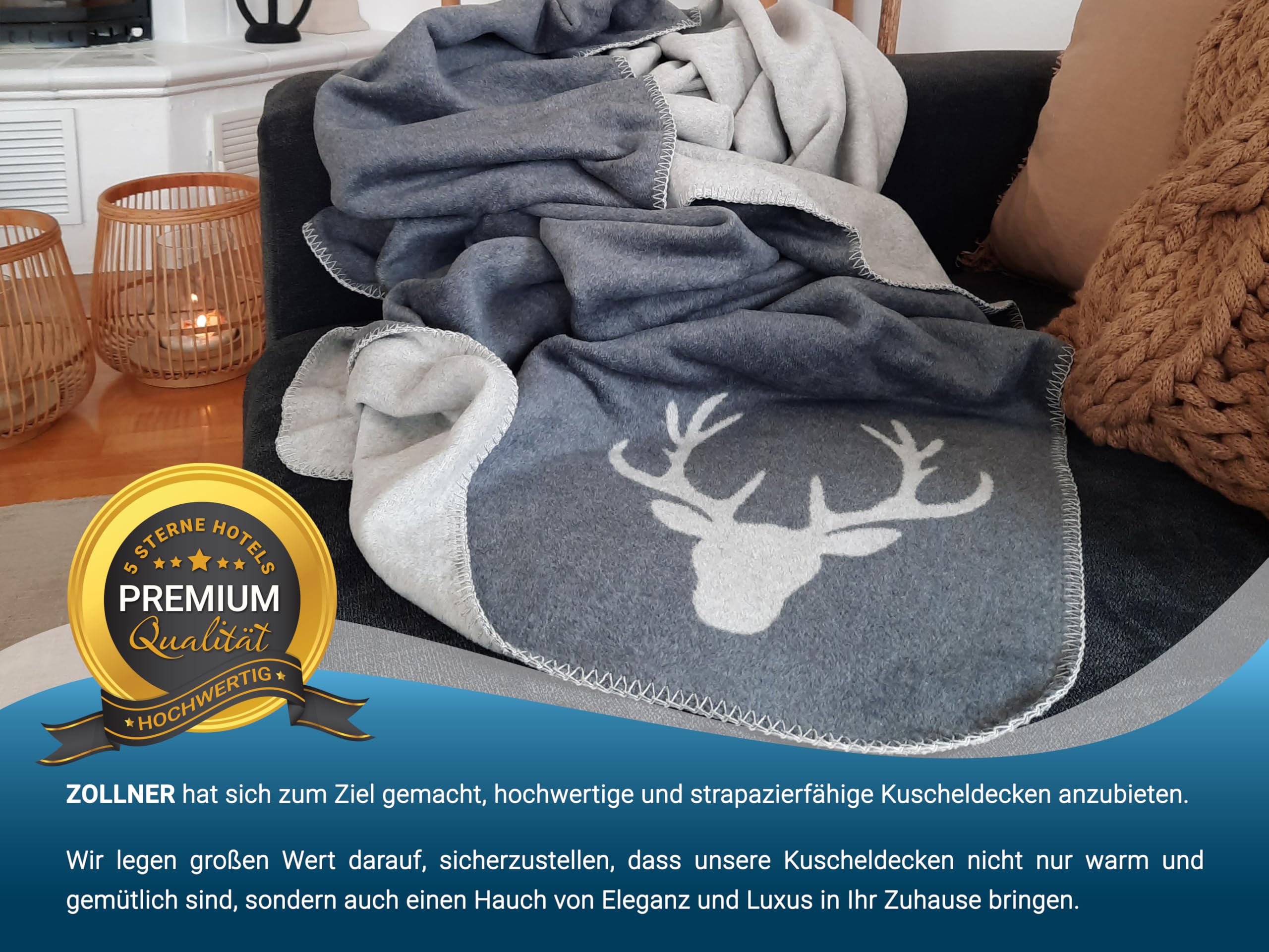 ZOLLNER Kuscheldecke in 150x200 cm - Flauschige und weiche Wendedecke in Zwei schlichten Farben - Trendige Hirschkopfeinwebung in grau - Mischgewebe - waschbar bis 40°C – Oeko Tex® Zertifiziert