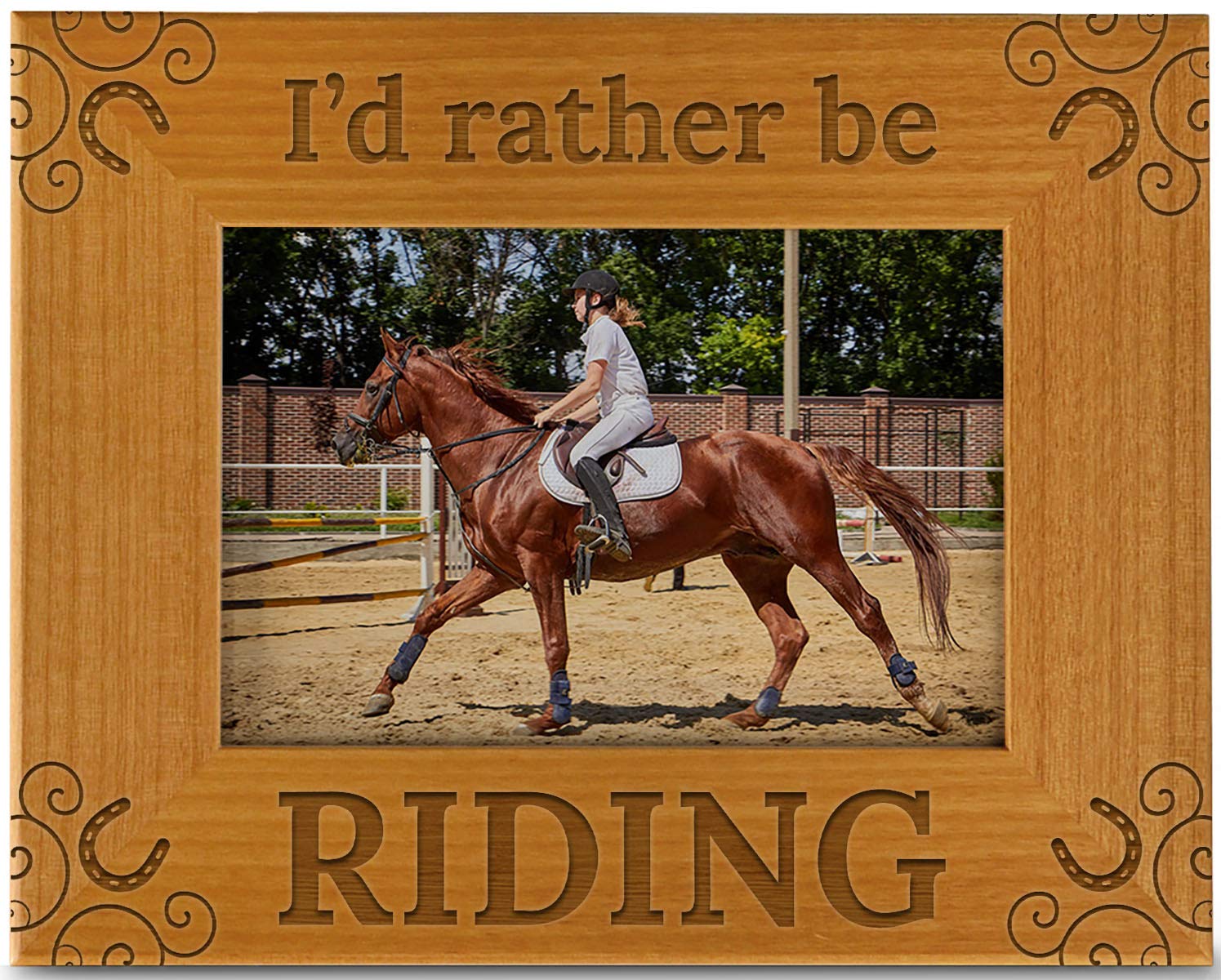 CEDAR CRATE MARKET I'd Rather Be Riding Pet Picture Frame Engraved Natural Wood, Fits a 4x6 Horizontal Portrait, Horse Picture Frame, Horse Mom Gifts