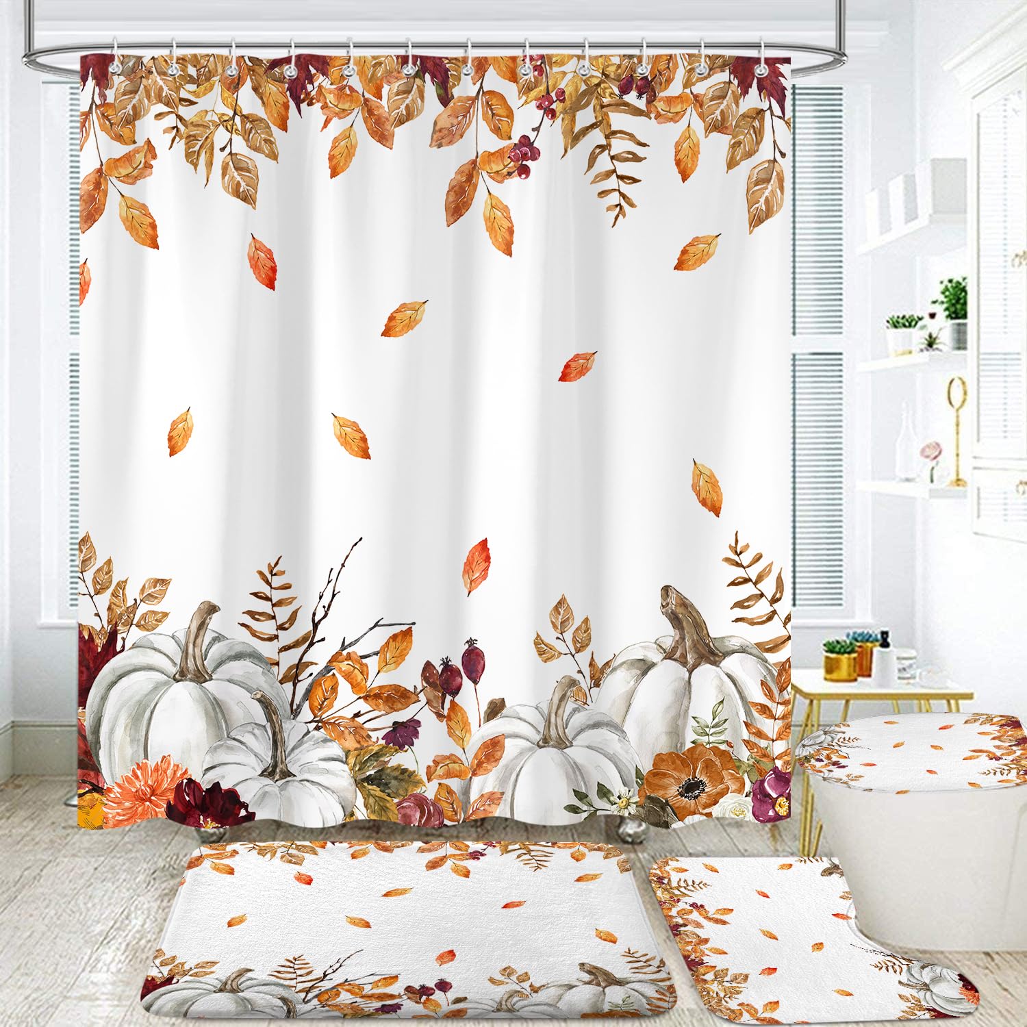 Aeyadis 4PCS Fall Pumpkins Maple Leaf Shower Curtains Set, with Non-Slip Rugs, Toilet Lid Cover and Bath Mat Autumn Leaves Harvest Thanksgiving