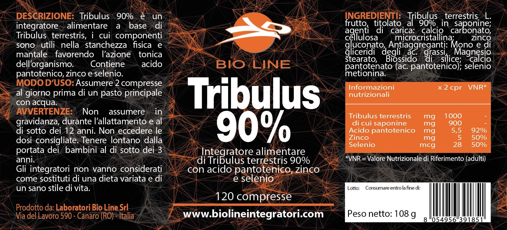 TRIBULUS 90% - Integratore alimentare di Tribulus Terrestris L. frutto, titolato al 90% in saponine, 120 compresse