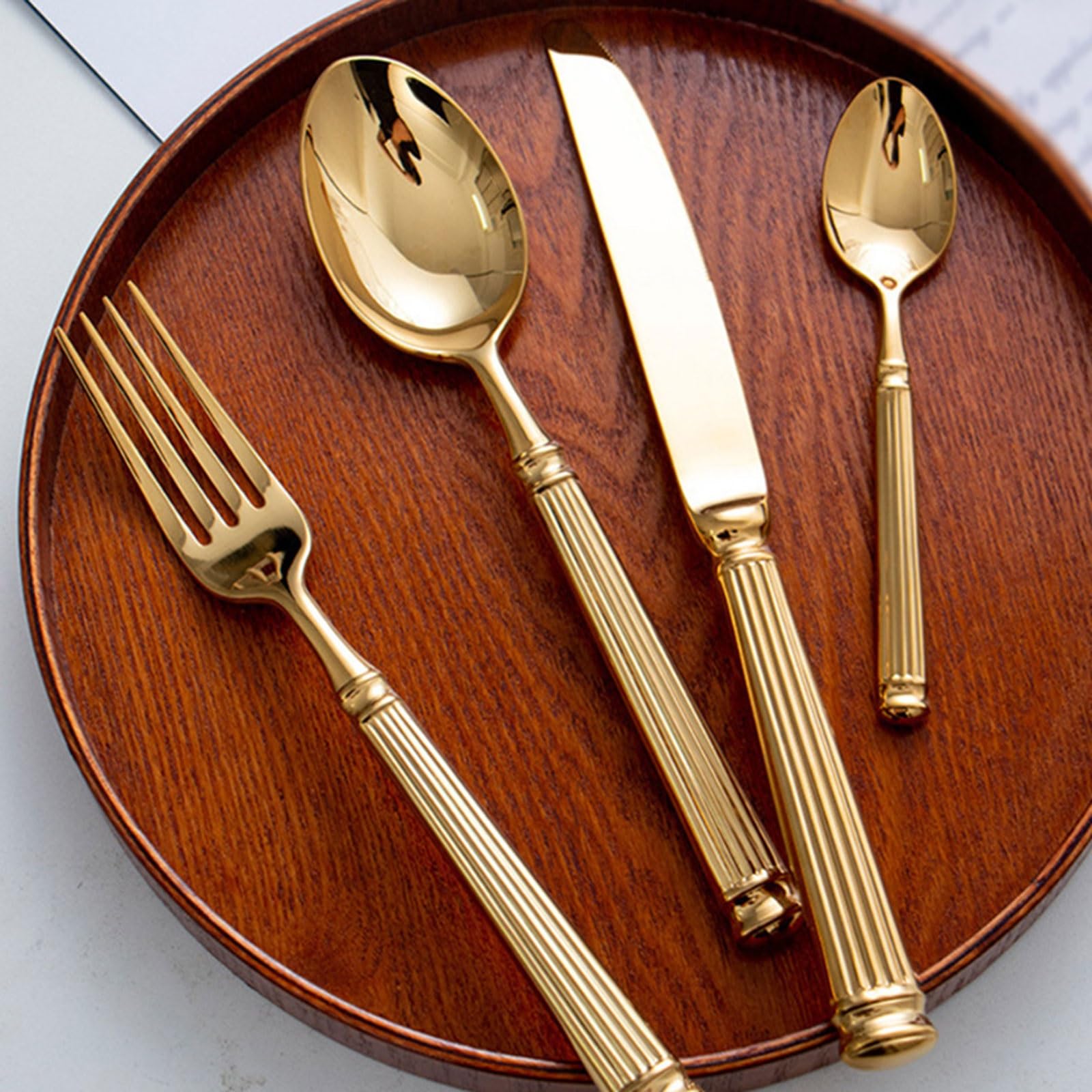 Juego de cubiertos acero inoxidable dorado 4 piezas, cuchillo for cena, tenedor, cuchara, vajilla estilo occidental apta for lavavajillas