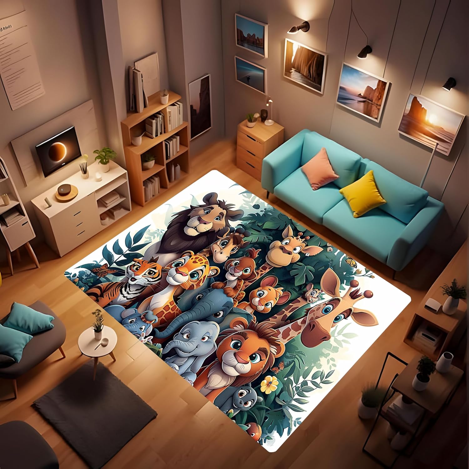 Cartoon Animal Kingdom Printed Carpet, Animal Learning Play mat, Elephant, Lion, Leopard, Giraffe and Other Durable Washable Animals Cute Cartoon Floor Rug Suitable for Teaching 40x60inch