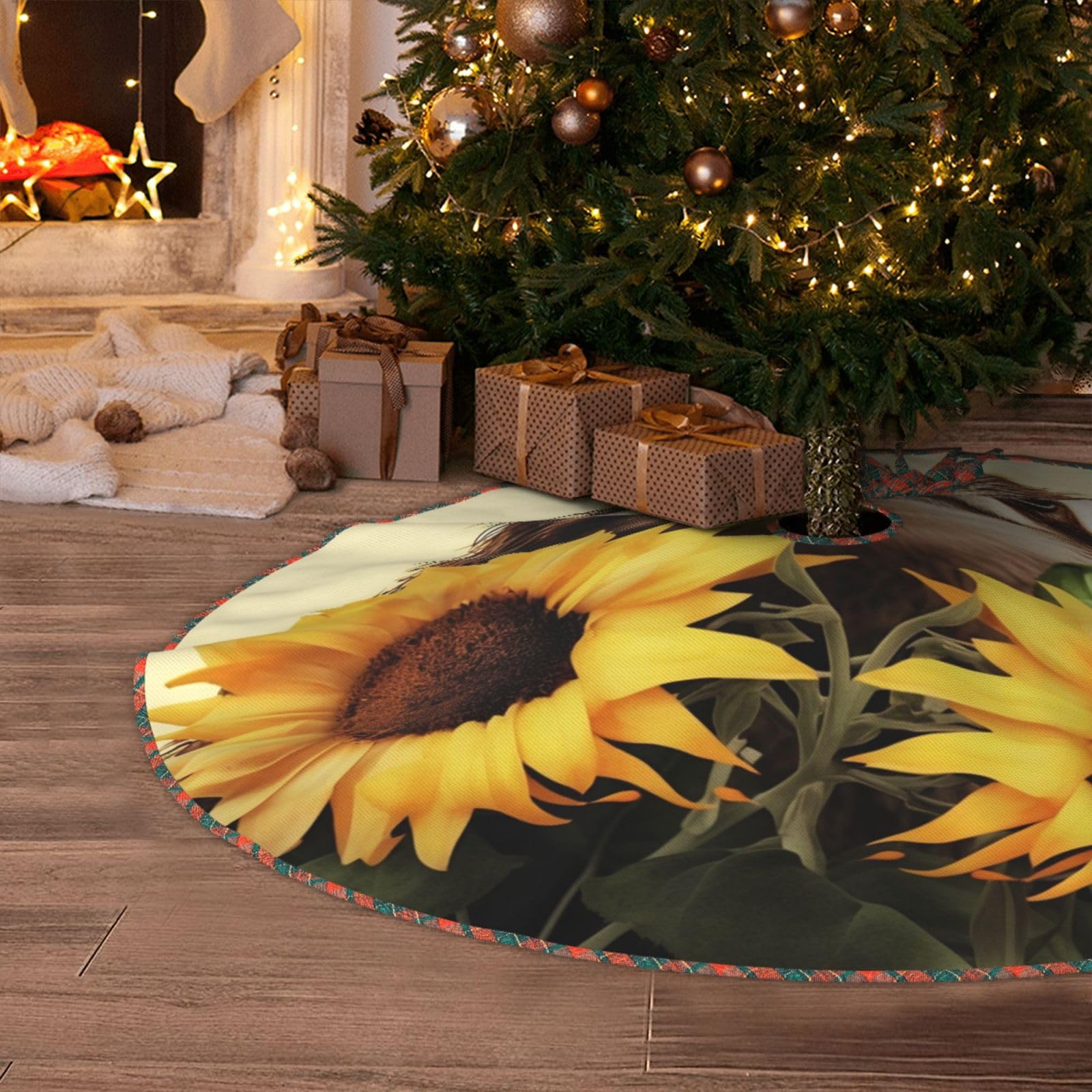 Sloth Sunflower Christmas Tree Skirt 48" Artificial Tree Mat Cover Merry Christmas Burlap Xmas Tree Skirt for Christmas Decoration Holiday Indoor Outdoor Winter Party Decor