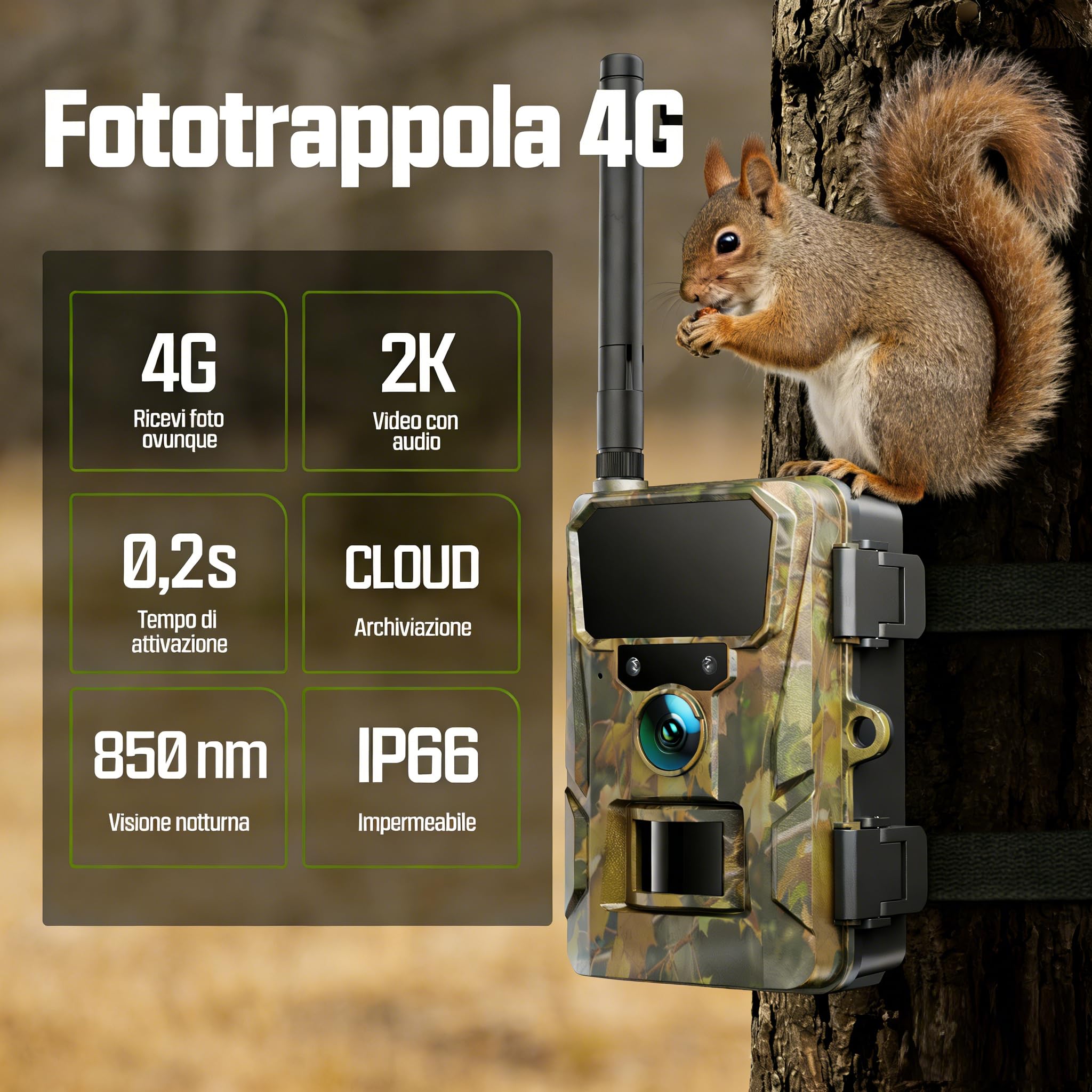 CEYOMUR 4G LTE Fototrappola 2K 48MP con SIM, Sensore di Movimento, Scatto 0,2s, IP66