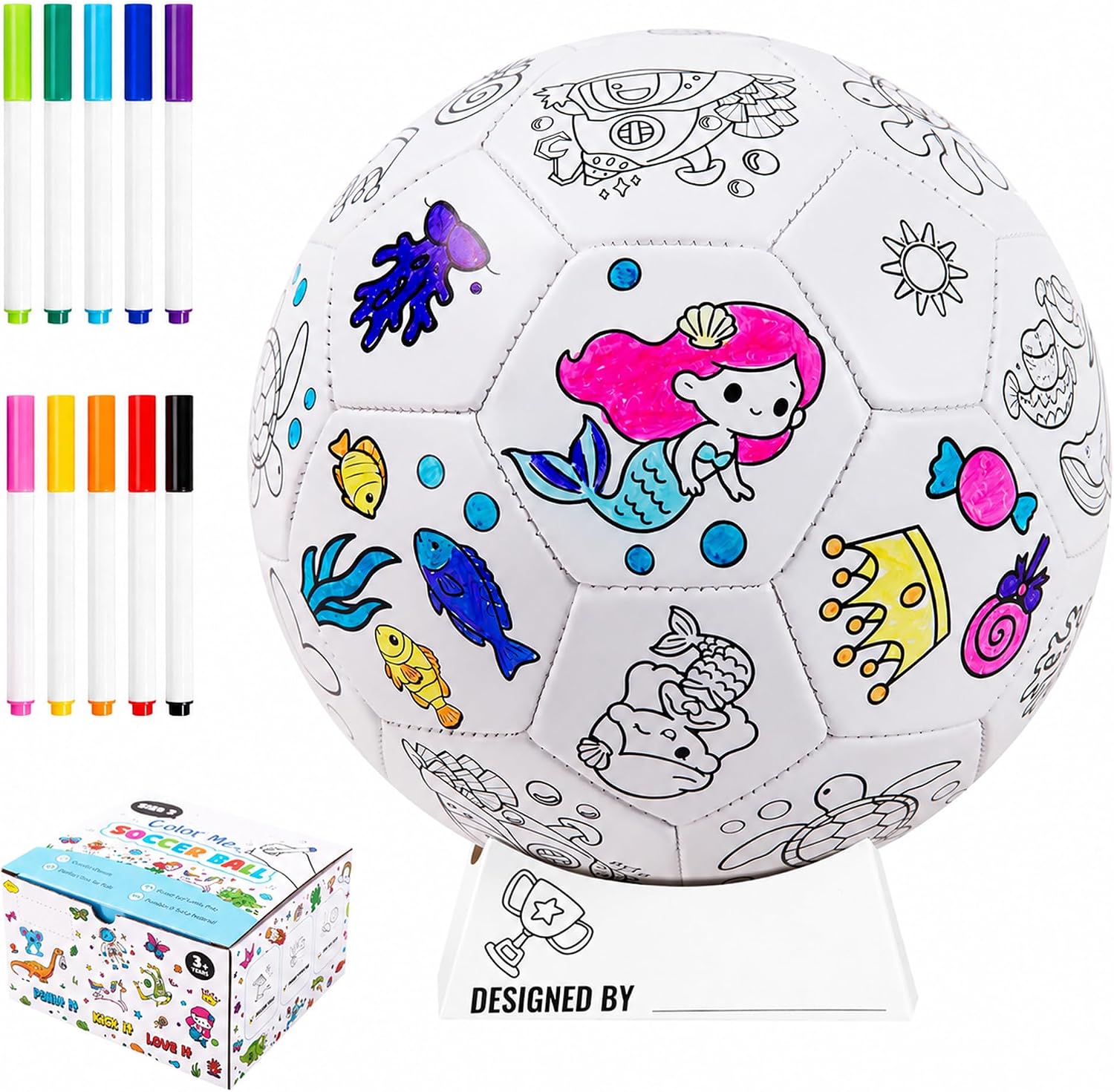 Color Your Own Soccer Ball, Mermaid Toys Soccer Gifts for Girls | Personalized Paint Soccer Toys with Markers, Arts & Crafts Kit Size 3 DIY Sports Birthday Gift for Kids 3 4 5 6 7 8 Year Old