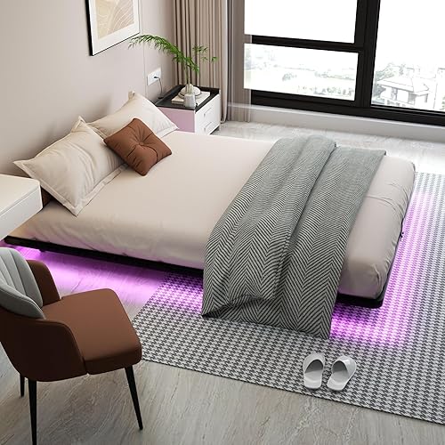 Base de cama flotante tamaño matrimonial – Plataforma de metal con luces LED, no necesita somier, fácil montaje (completo)