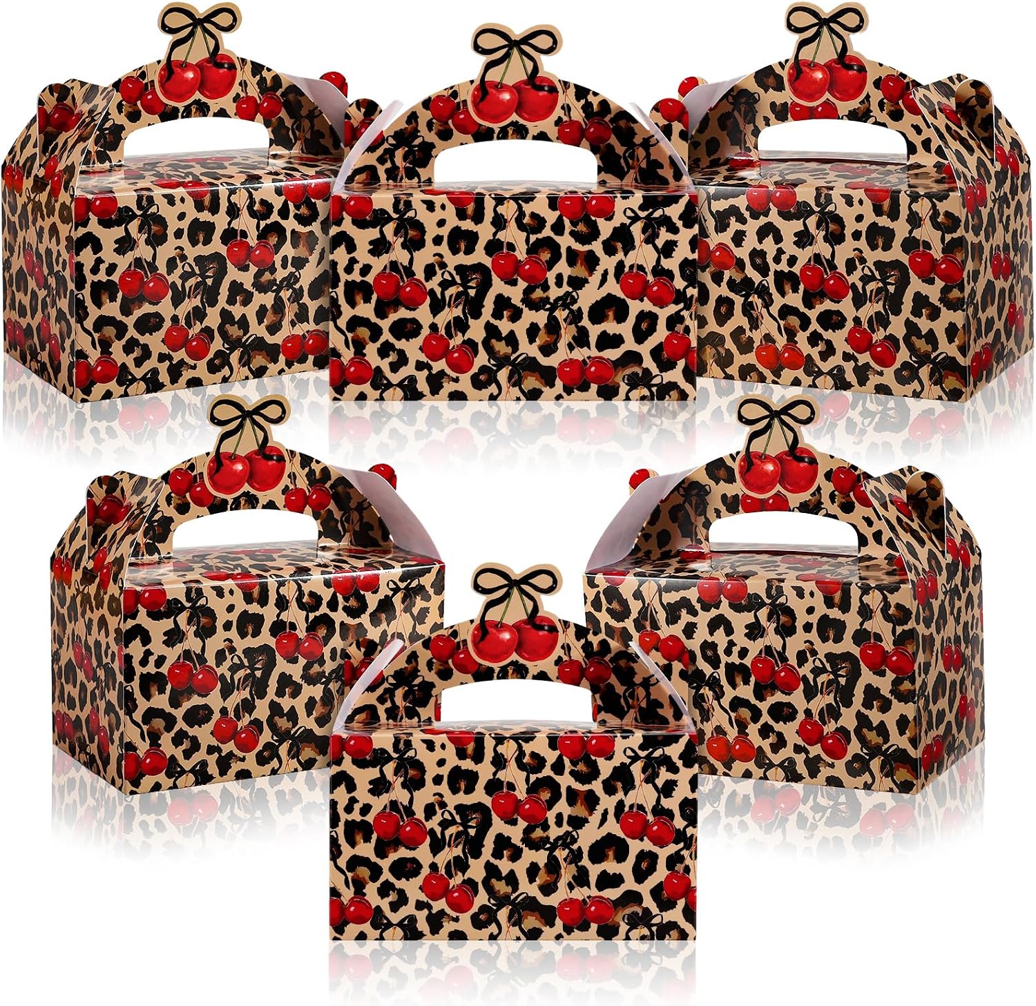 Whaline Cheetah Cherry Paper Gift Boxes with Handles 12 Pcs Goodie Candy Treat Bags Leopard Print Bow Cherry Gable Party Favor Boxes for Safari Birthday Party Present Supplies