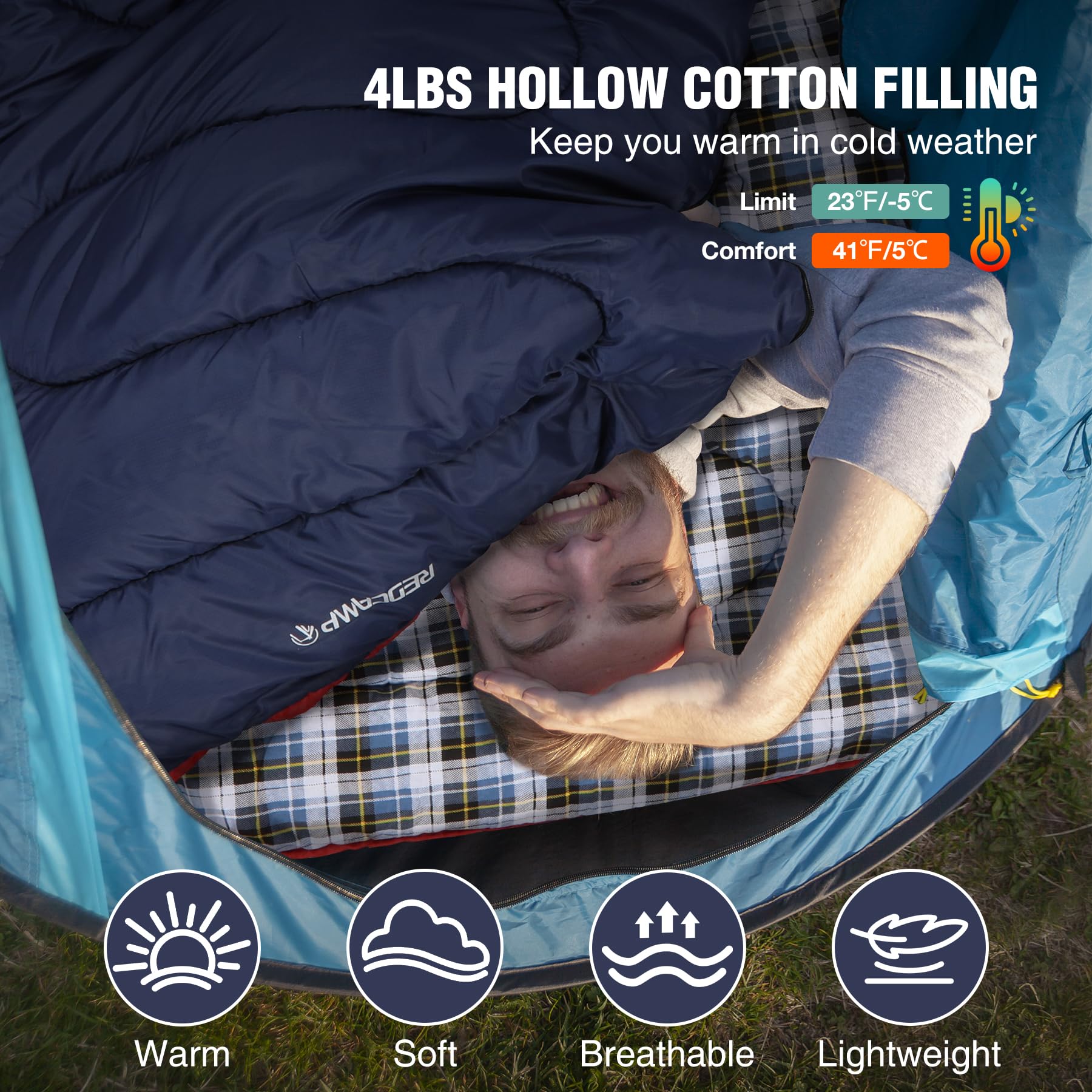 REDCAMP Sac de couchage en coton pour adulte, sac de couchage compact en flanelle pour camping, pêche, 3-4 saisons, hiver par temps froid, bleu marine