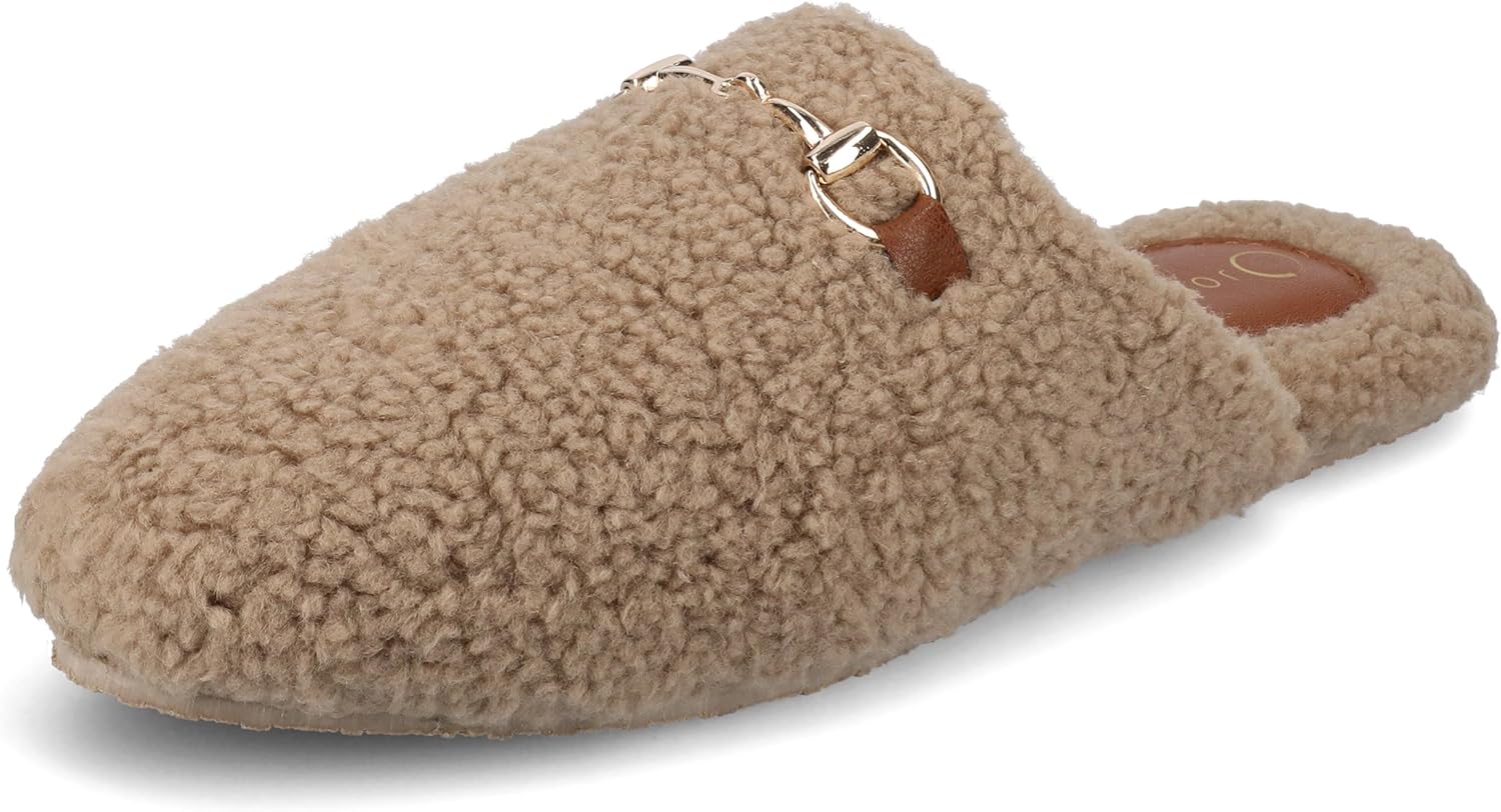 Journee Collection Womens Monnroe Plush Fur Lined Cushioned Scuff Slippers Horse Bit Design Slip On with Durable Sole