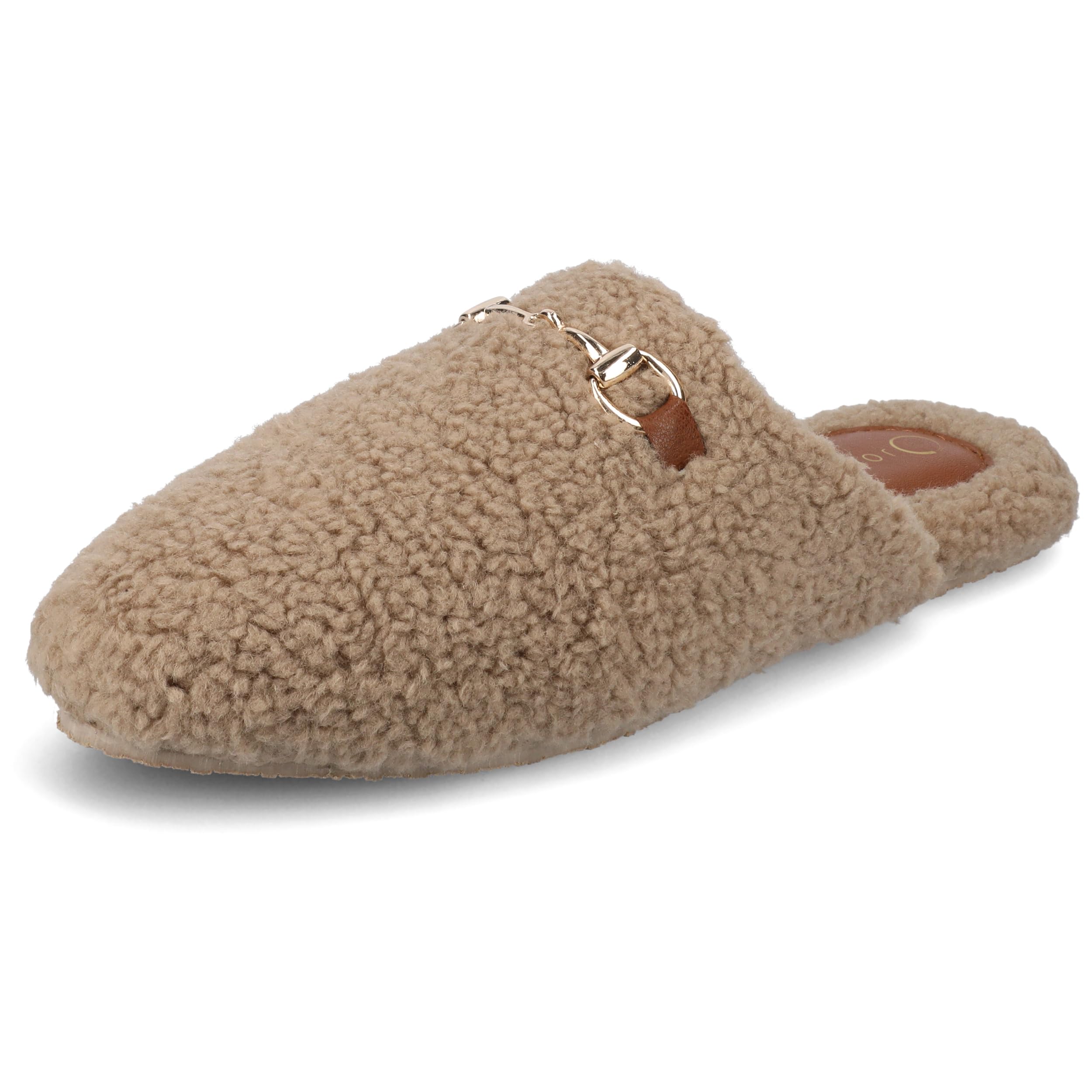 Journee Collection Womens Monnroe Plush Fur Lined Cushioned Scuff Slippers Horse Bit Design Slip On with Durable Sole