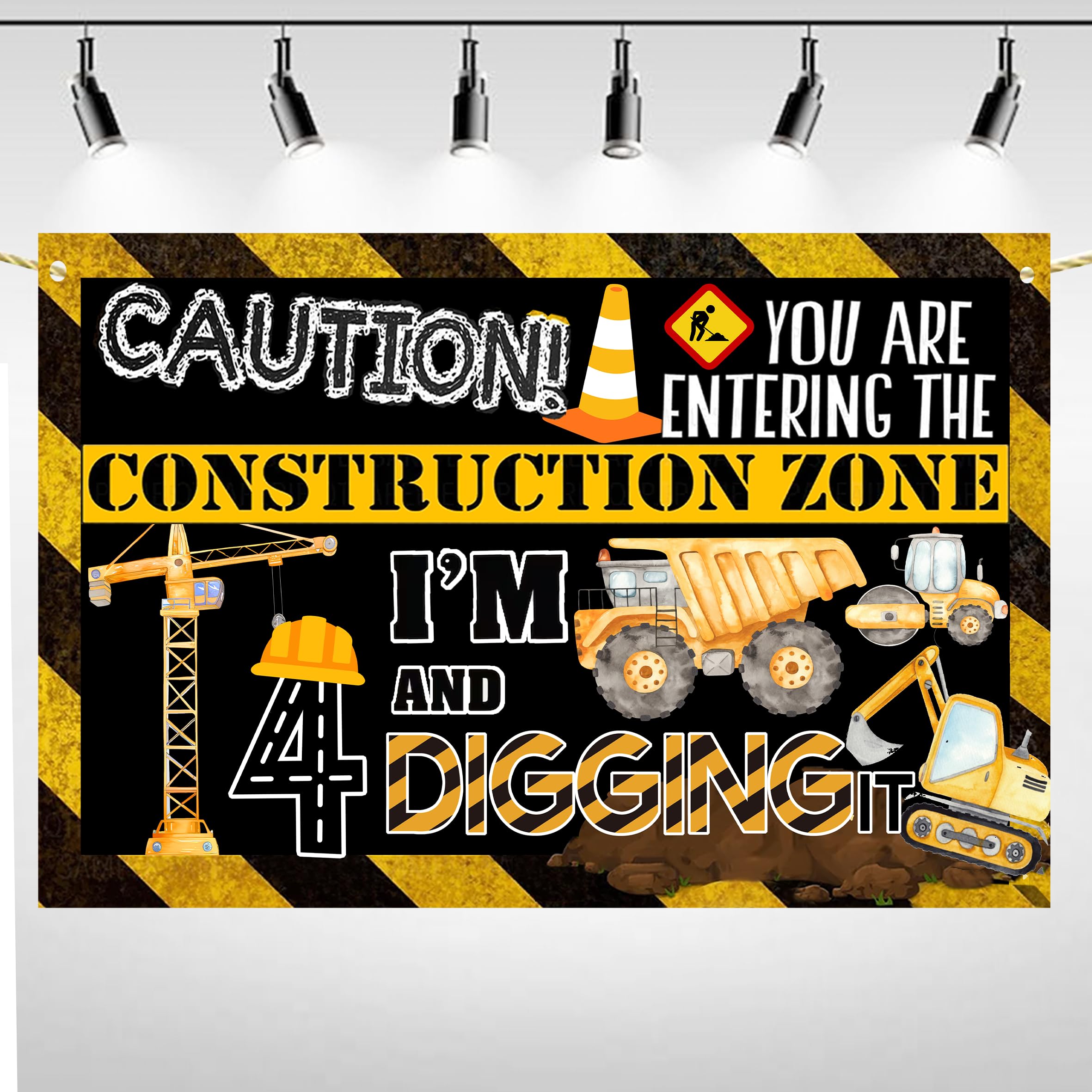 Hanviync Construction 4th Birthday Banner Decorations for Boys, Dump Truck 4th Birthday Party Decorations, 3 x 0.1 Inches