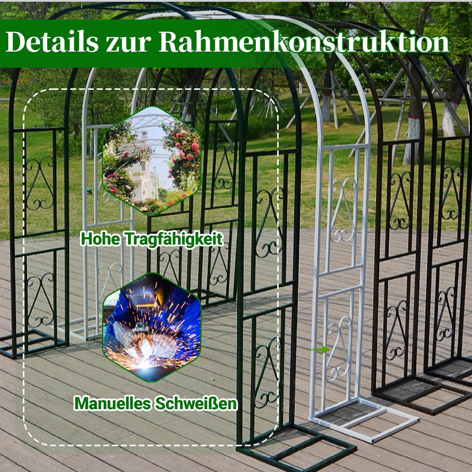 Gartenbogen aus Metall,Rosenbogen,Garten Dekoration mit Sockel, Tragbarer Blumengirlanden Rahmen für Party, Hochzeitsdekoration Outdoor(L180xW40xH230cm) Schwarz-A