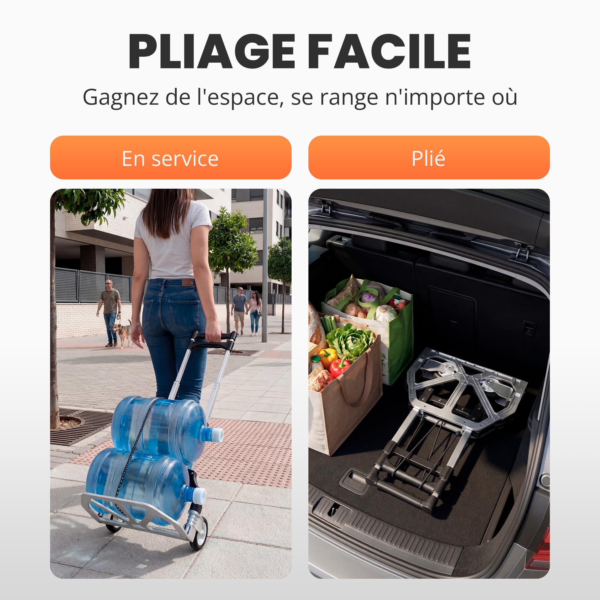 JUPPLIES Diable Pliable en Aluminium + Corde - Chariot de Transport 100x40 cm Max 75 kg avec Roues Silencieuses et Poignée Télescopique - Mini Diable Compact pour la Maison, Le Bureau ou Les Voyages