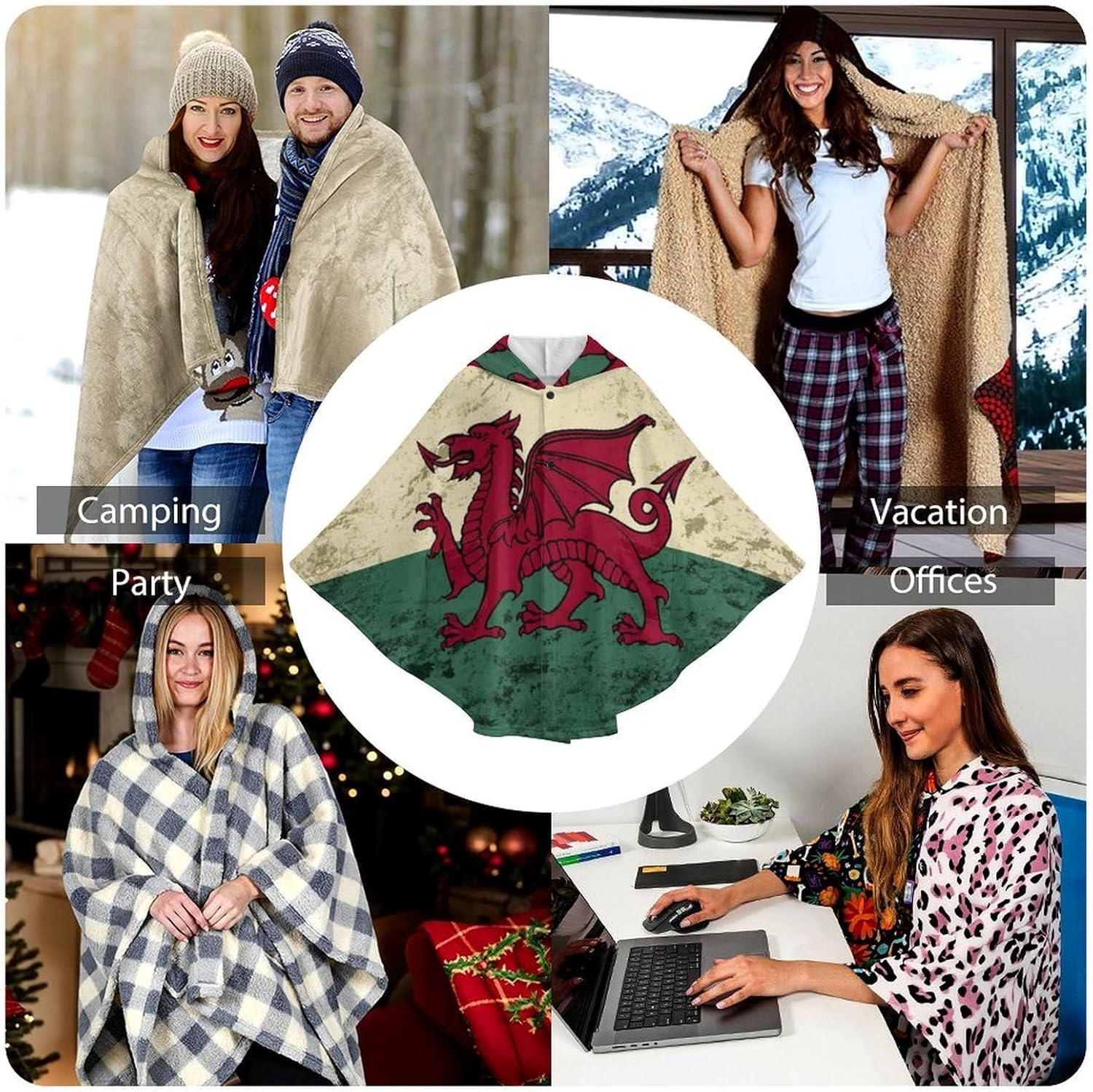 Vintage Welsh Flag Wearable Blanket with Hooded Flannel Blankets Cape with Pocket