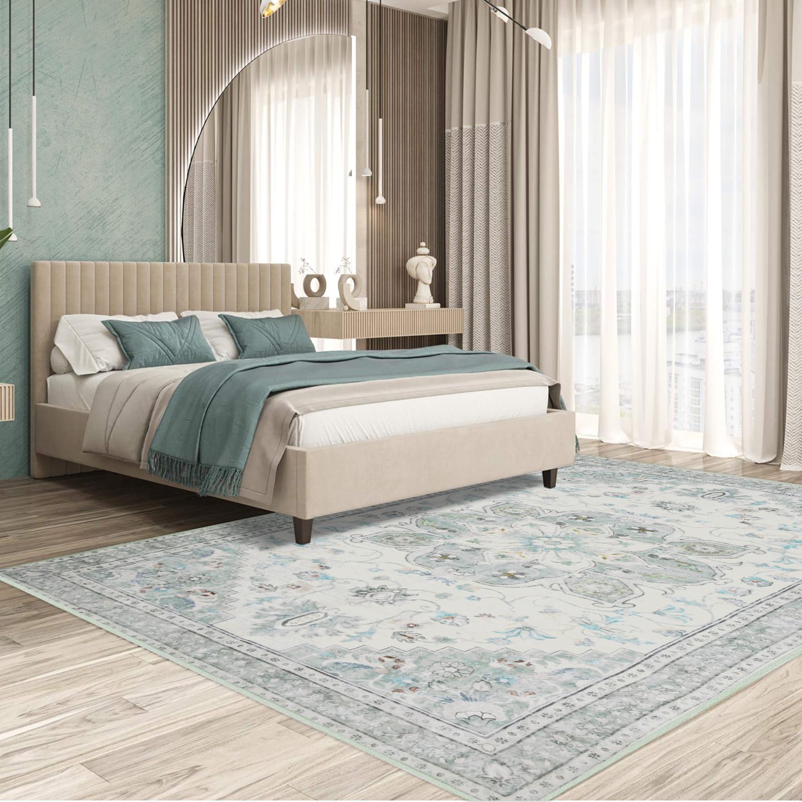 Inlume 8x10ft Green Retro Floral Blue Modern Abstract Area Rug for Living Room, Bedroom, Office,Dining Room or entryway - Machine Washable Anti-Slip Carpet