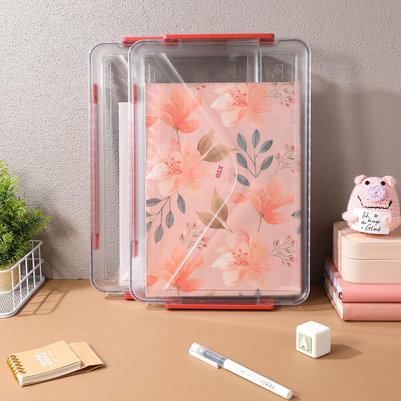 Yardwe 2 Piezas Caja Organizadora de Archivos Transparente de Plástico con Tapa y Asa, Apilable para Documentos y Fotos en Oficina y Hogar, Almacenamiento Práctico y Seguro