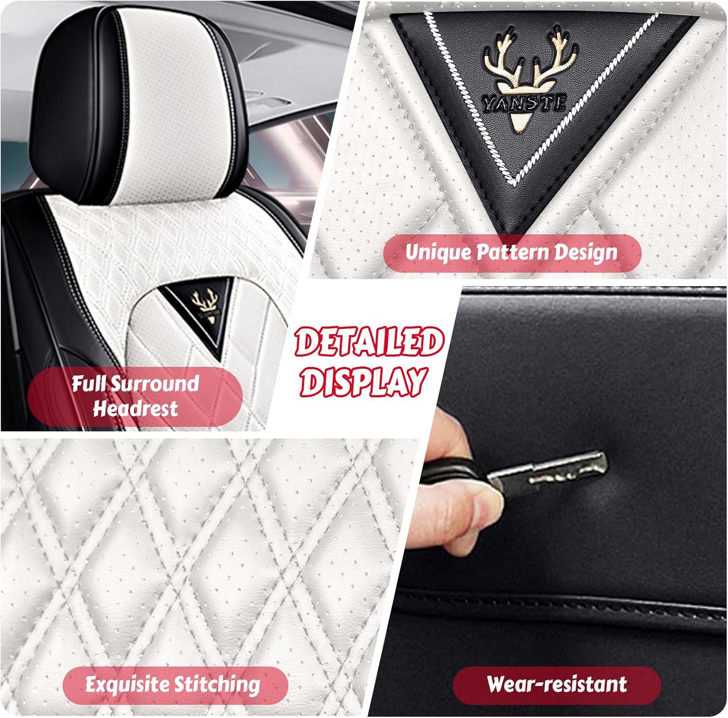 for Jeep Gladiator Car Seat Covers Full Set, Leather Seat Covers for Car,Lumbar Muscle Pain Healing Function, Waterproof Automobile Seat Protector with Lumbar Support(Black White)