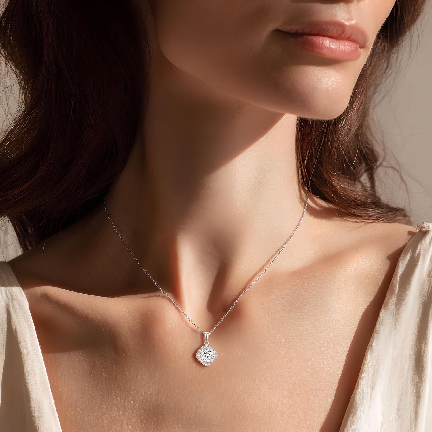 Cubic Zirconia Halo Square Necklace for Women Sterling Silver 925 Rhodium Plated Silver Jewelry - Image 4