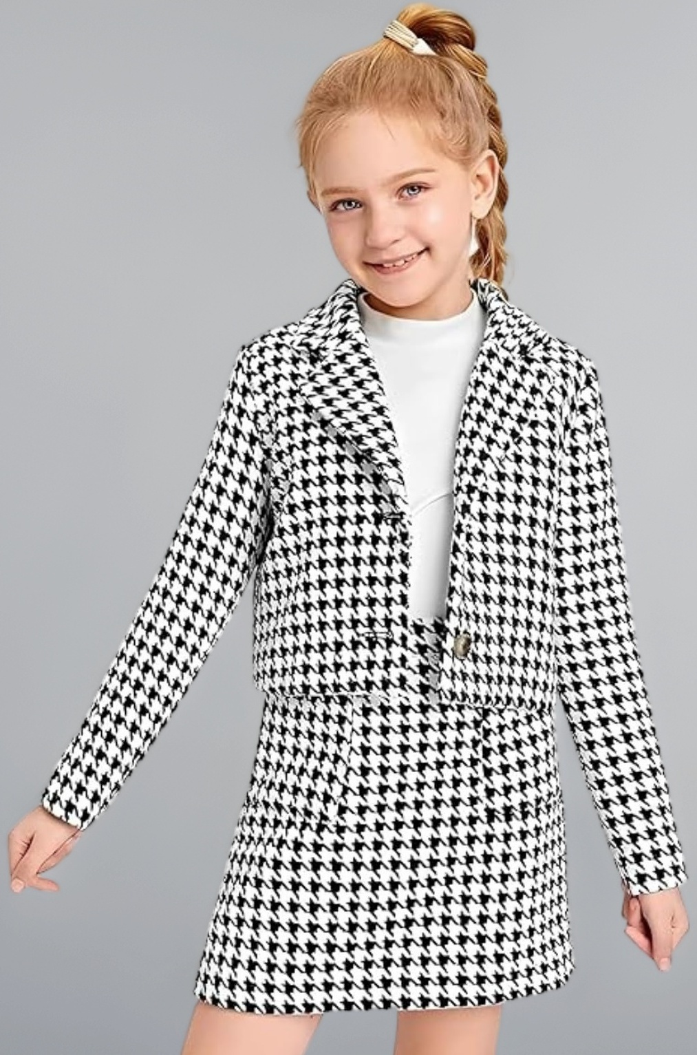 BLOOD PANTHER Kid Girl's Cotton Blend Printed Lightweight Sleeveless T-Shirt with Full Sleeve Blazer & Skirt Stylish 3-Piece Set Pull-Up Design for Casual & All Season Modern Indian-Western Blend