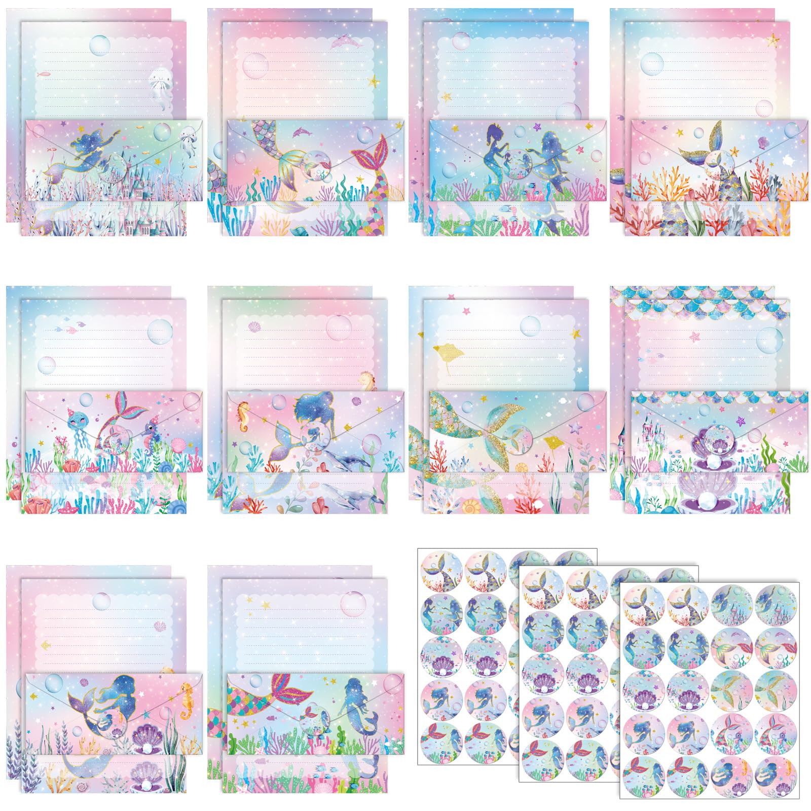 TaoBary 160 Pcs Mermaid Stationery Paper and Envelopes Set, 8.5 x 11''