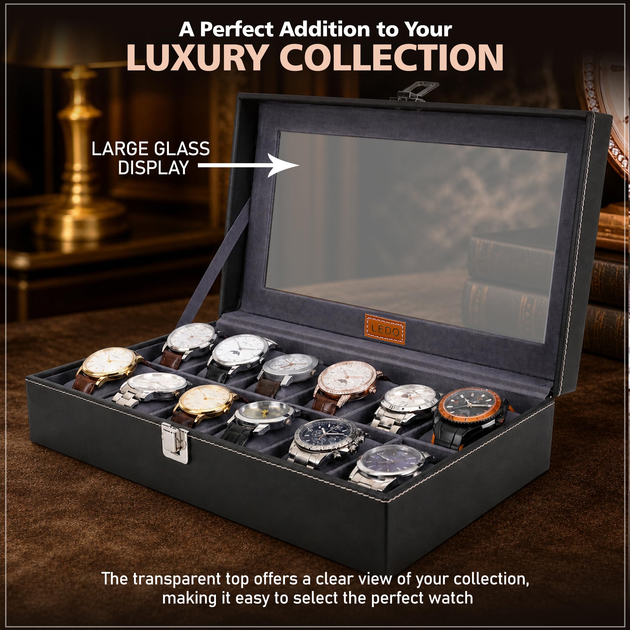 LEDO Men's and Women's Watch Box Holder Organizer Case In 12 Slots of watches In PU Leather with Black & Gray 3