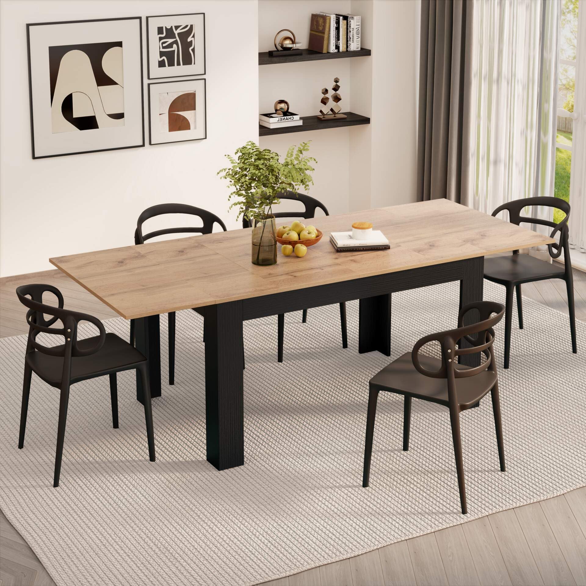 Mobili Fiver, Easy, Extendable Dining Table, 55.1(86.6) x35.4 in, Rustic Oak and Ashwood Black, for 6-8 People, Expandable Dining Table for Kitchen, Italian Furniture