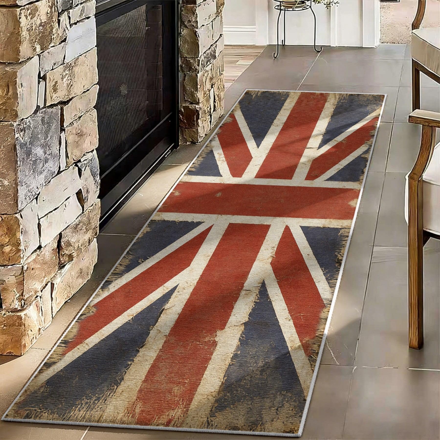 WAOTMN Hall Runners Non Slip Union Jack Rug,100x300cm,Distressed White Blue Red Uk Long Door Mats Indoor Hallway Runners,Soft Machine Washable Floor Mats for Kitchen Bedroom Carpet Runners