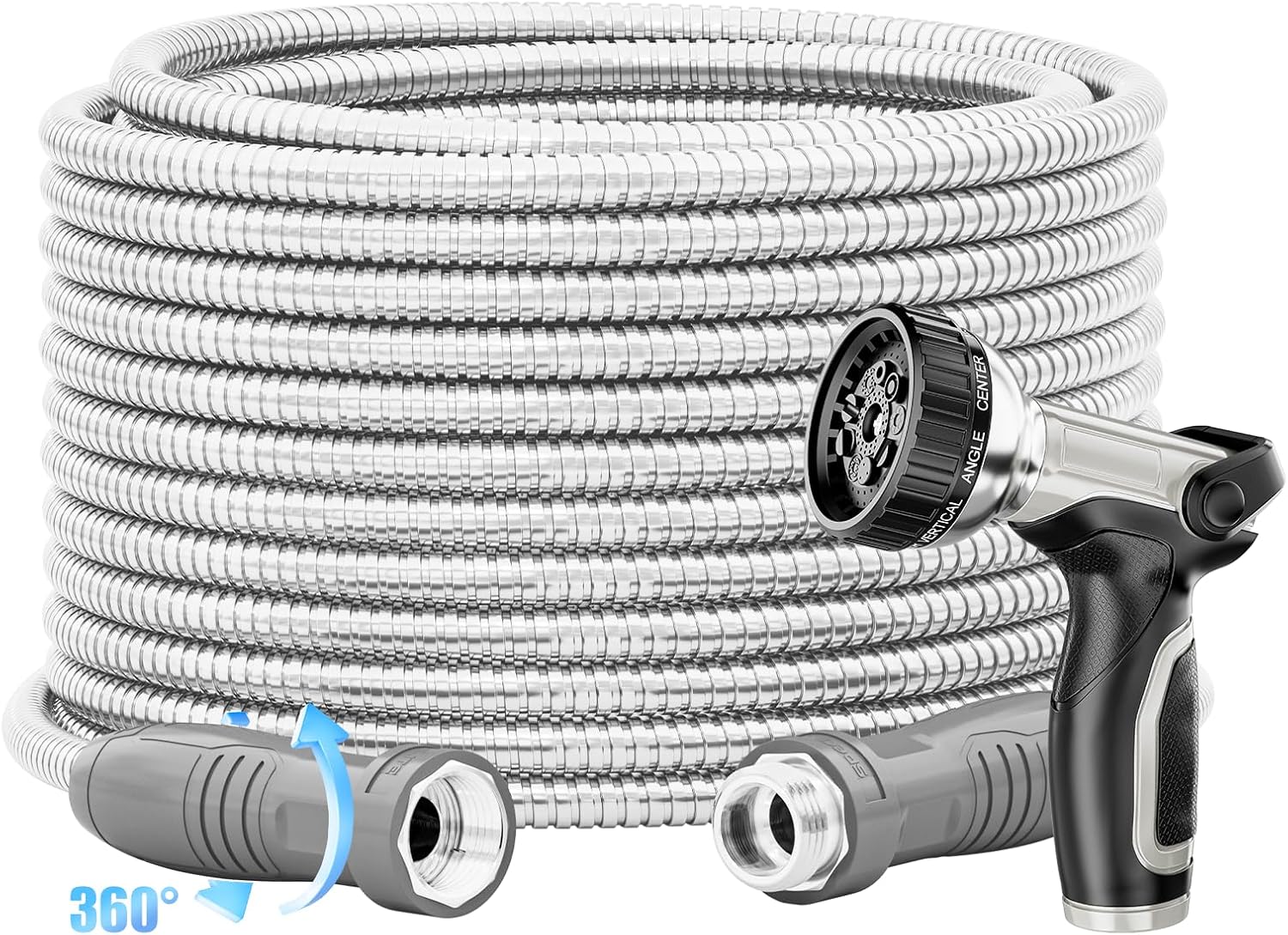 SPECILITE 304 Stainless Steel Garden Hose 50 ft with 360° Swivel Handle, Lightweight & Flexible Metal Water Hose with Heavy Duty Nozzle for Yard, Outdoor, Lawn