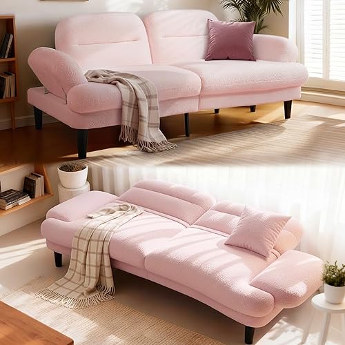 Sofá cama tipo futón Cloud de 79 pulgadas, sofá futón de sherpa con respaldo y reposabrazos ajustables, sofá cama plegable de espuma y resorte, sofá