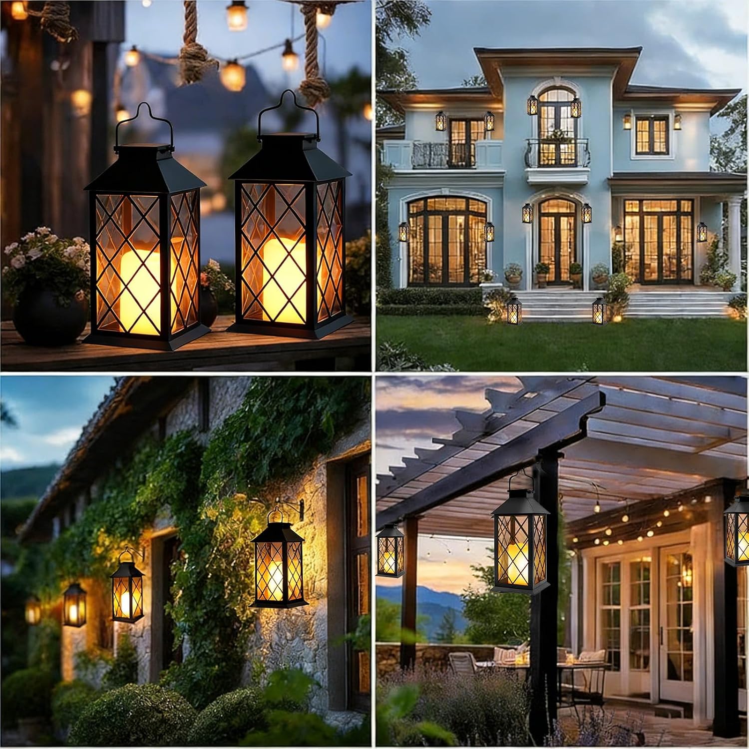 2 Pack Large Tempered Glass Solar Lanterns Outdoor Waterproof, Hanging Solar Lights with Flickering Flameless Candles, Solar Lantern for Wall Porch Patio Table Garden Yard Decoration (Black)