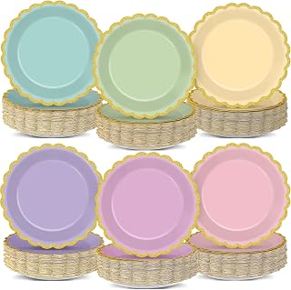 70PCS Pastel Paper Plates 7 Inch Gradient Rainbow Party Plates Scalloped Dessert Plates Disposable Tableware Set for Pastel Birthday Party Decorations Wedding Engagement Baby Shower Supplies 6 Colors