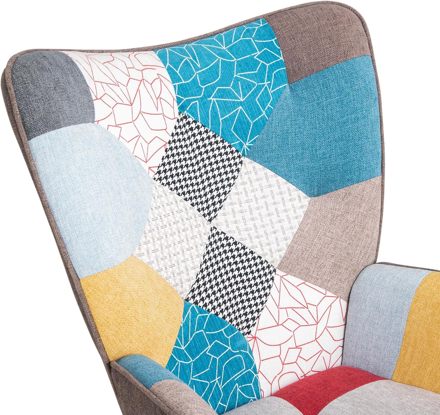 Poltroncina Relax Patchwork Quebec - Poltrona Imbottita con Schienale Alto, Gambe in Legno di Faggio, Design Moderno per Soggiorno, Camera, Ufficio - 69x75x95 cm